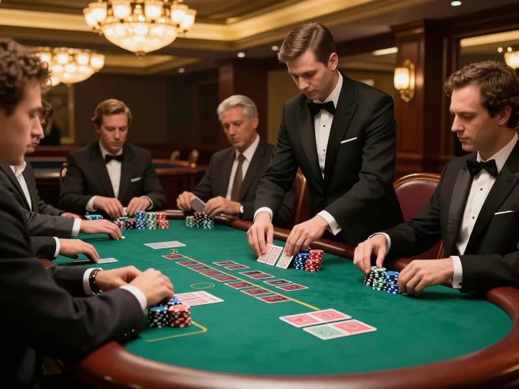 Players strategizing at https://vin88us.com/ blackjack table in a luxurious casino setting.