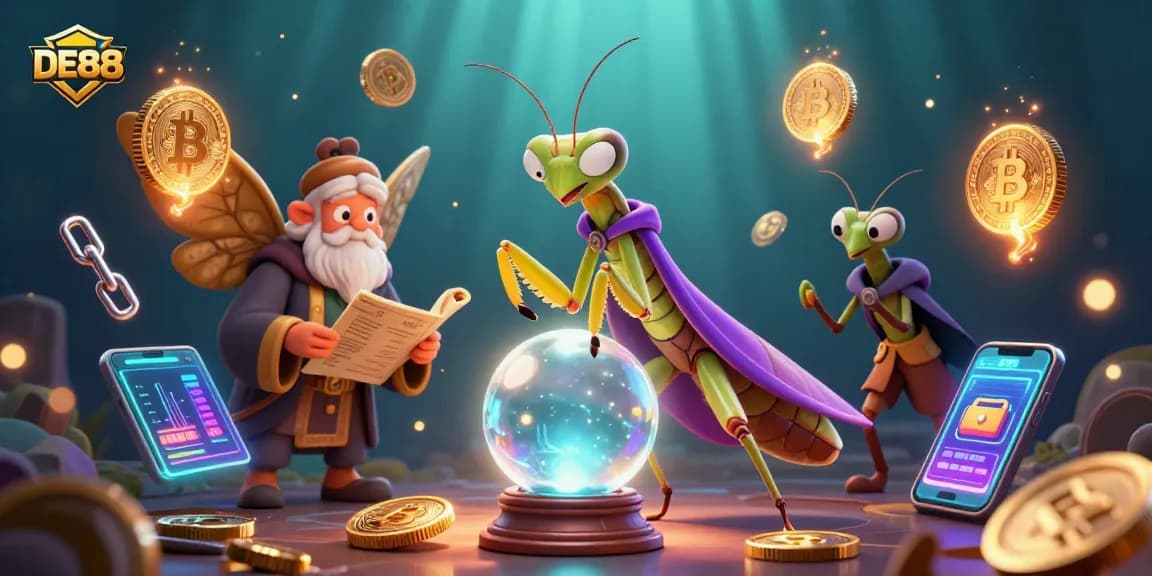 Engage with DE88's mystical gaming world featuring a fortune teller and crypto elements.