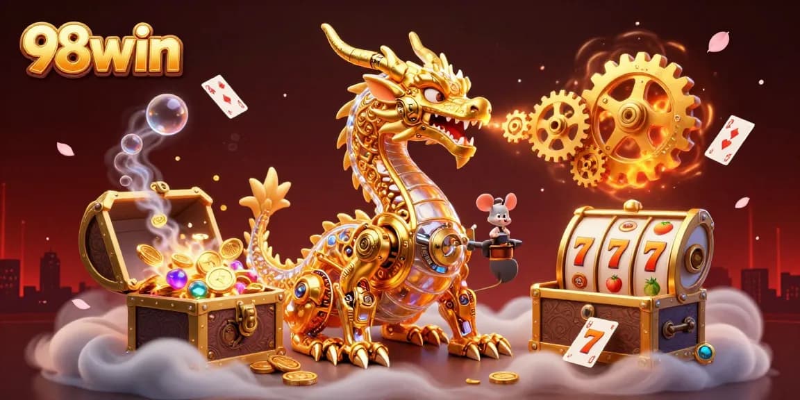 Engage with 98win’s thrilling 3D casino atmosphere featuring a golden dragon and slot elements.