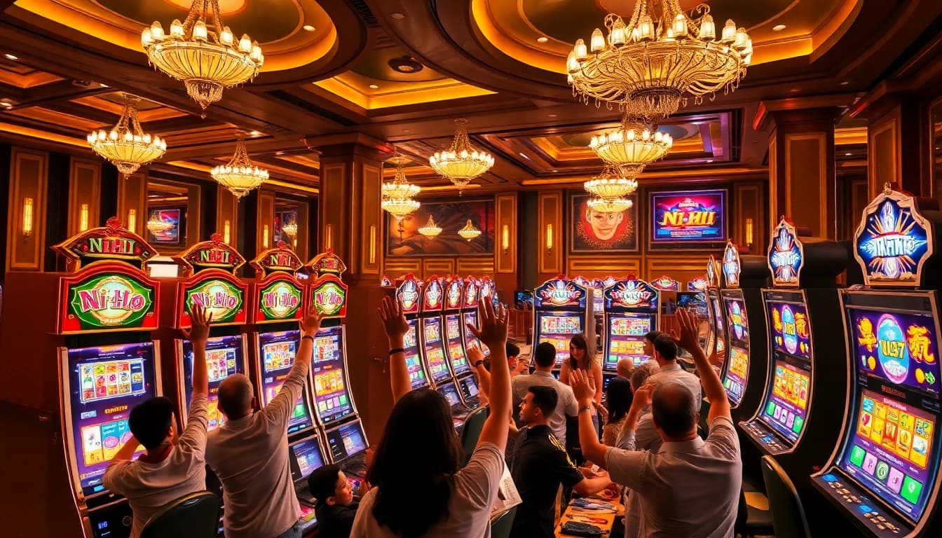 Nổ Hũ slot machine players celebrating a jackpot win in a luxurious casino environment.