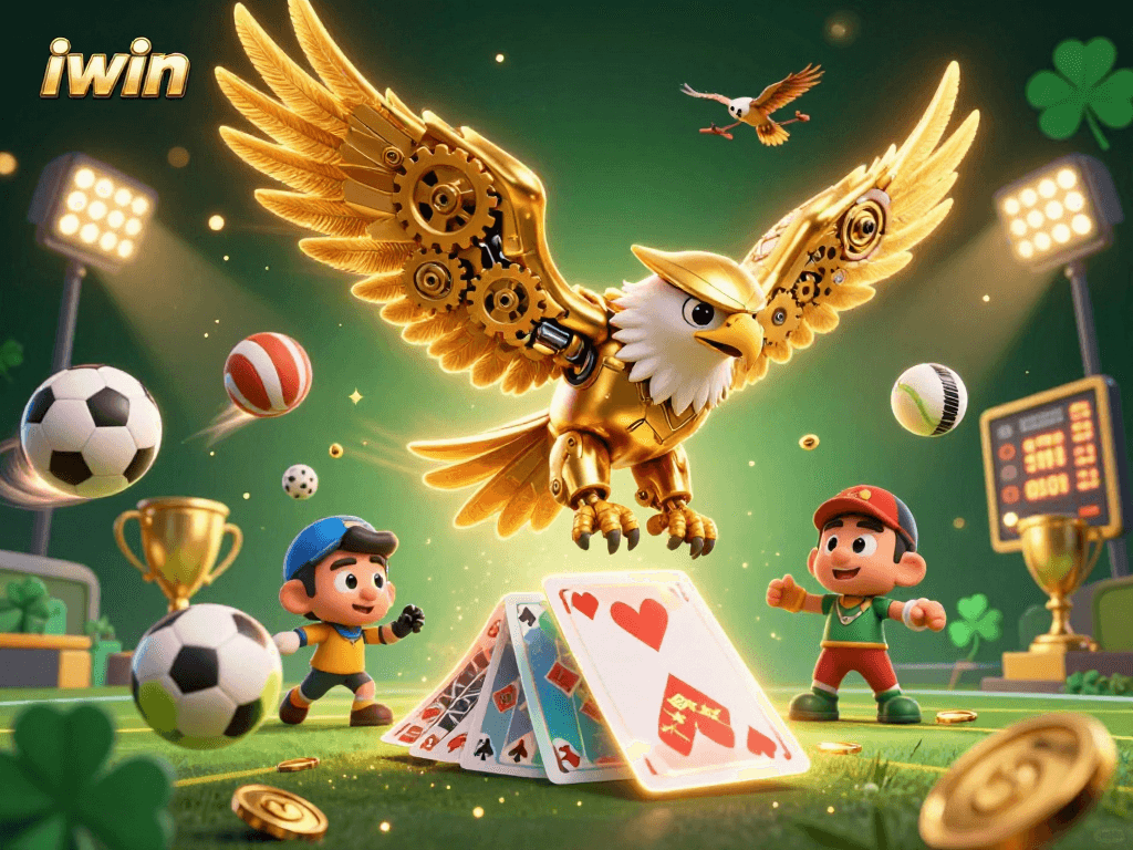 Engage in thrilling gameplay at iwin casino with a cybernetic eagle amidst dynamic sports elements.