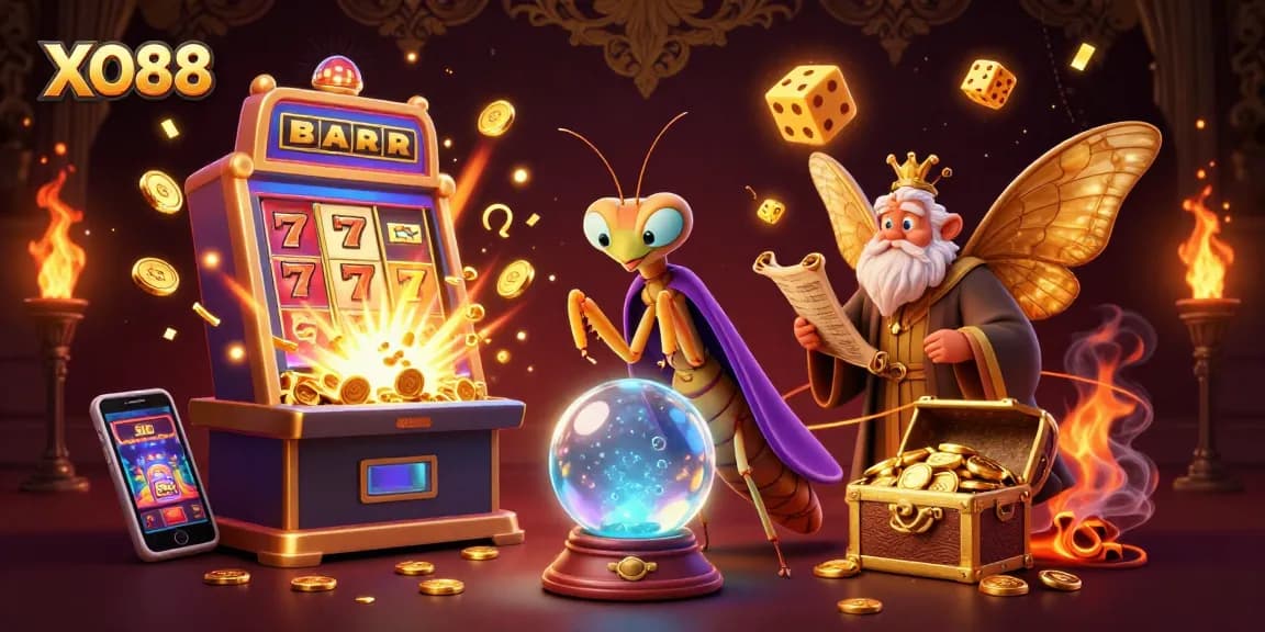 Experience the excitement of XO88 with a vibrant casino scene featuring symbols, characters, and dynamic gaming elements.