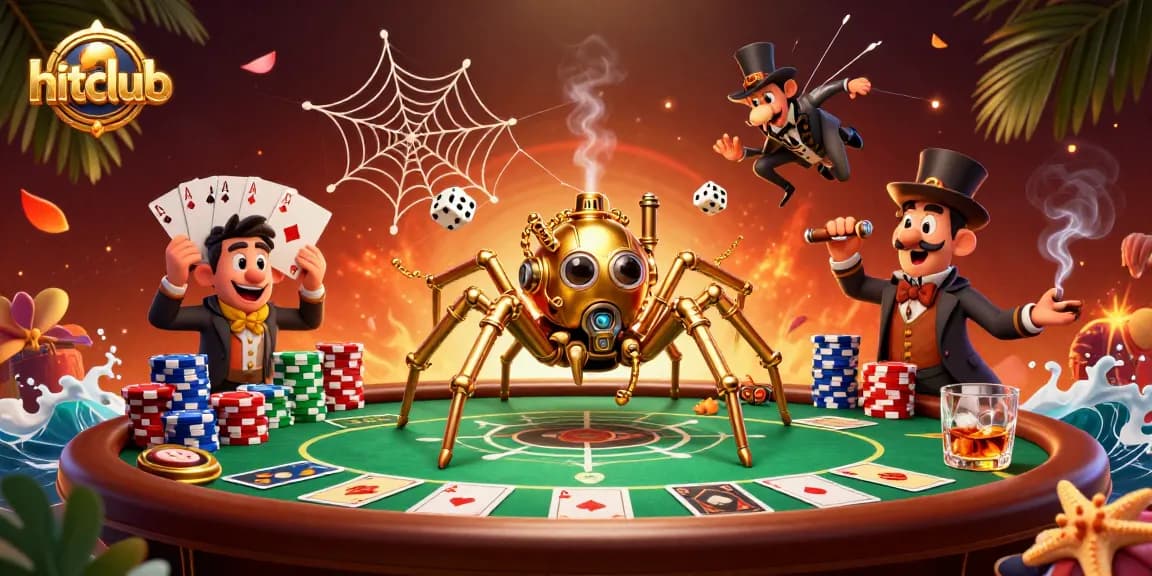 Engage in thrilling gameplay at hitclub with a dynamic casino scene featuring a golden spider and poker elements.