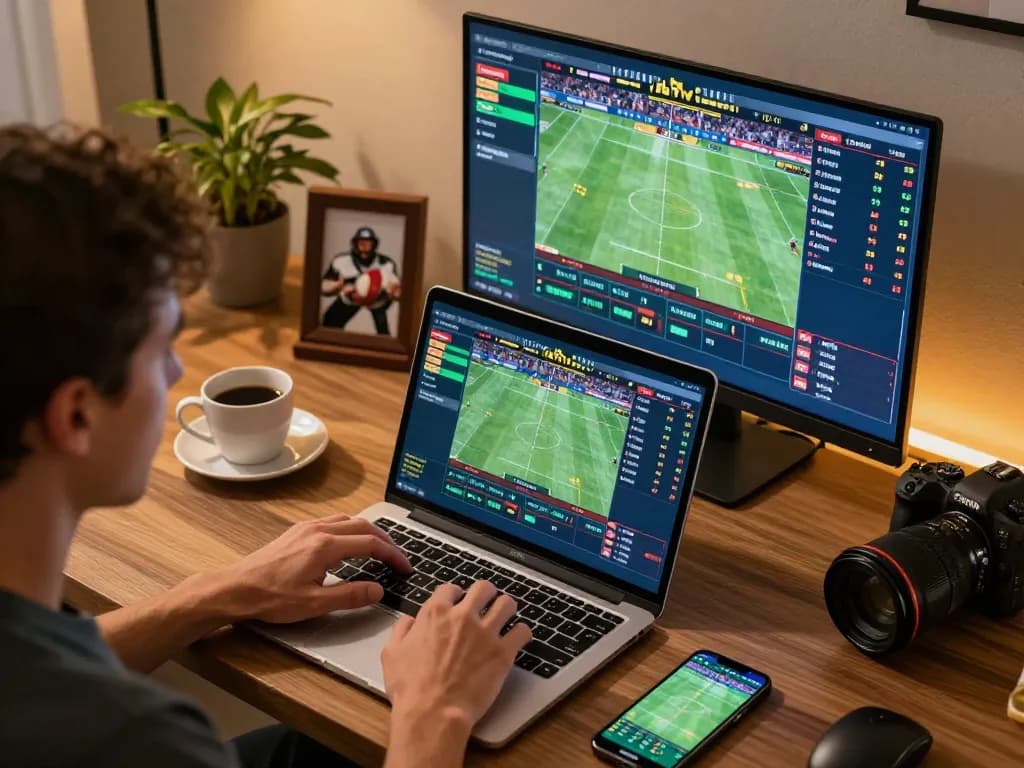sin88 sports betting setup, focusing on multiple screens with live events and placing bets