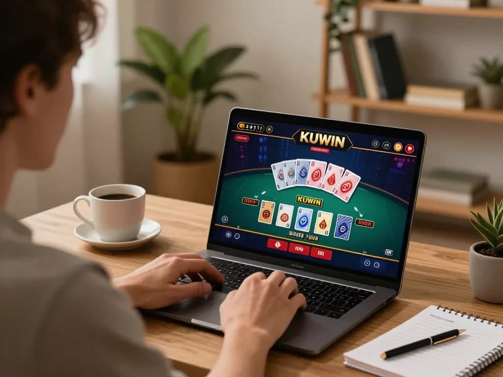 Kuwin player engaged in live dealer baccarat at home, promoting strategic online gambling.