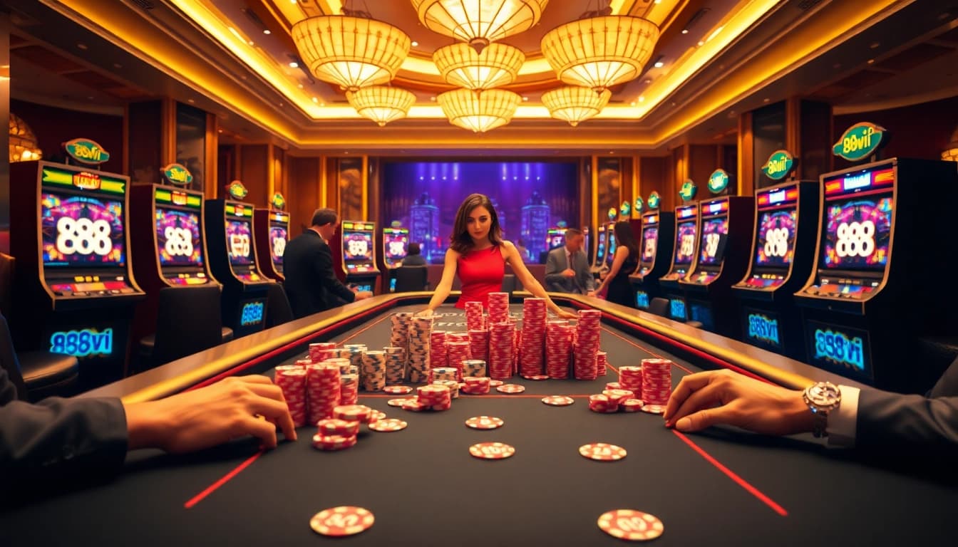 Experience the thrill of gambling at 888vi with vibrant casino action, showcasing poker tables and slot machines.