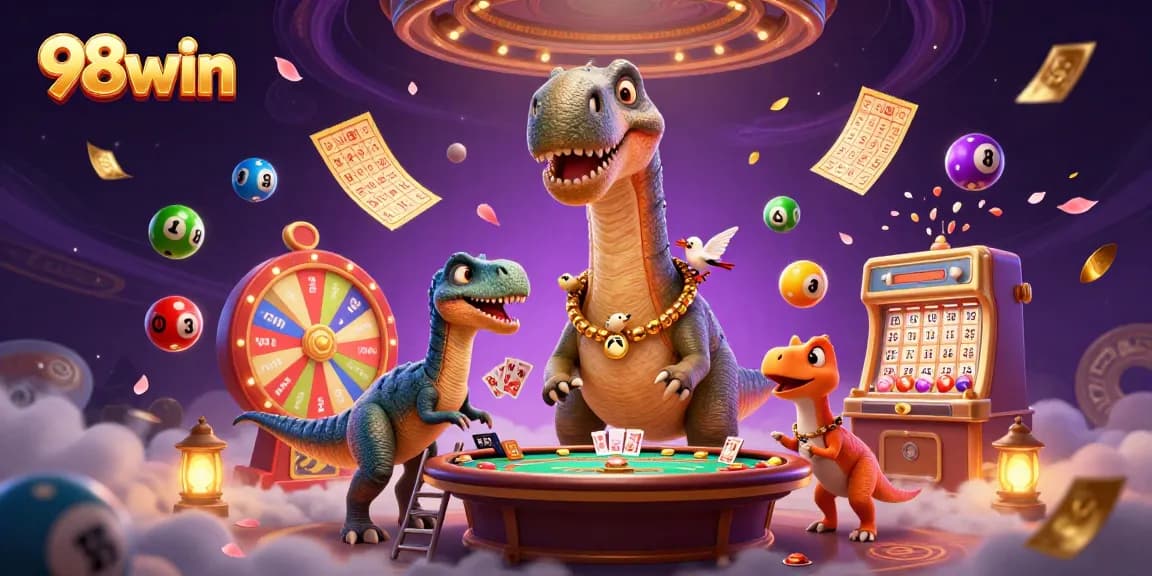 Experience the thrill of 98win with a whimsical casino scene featuring dynamic lottery elements and playful characters.