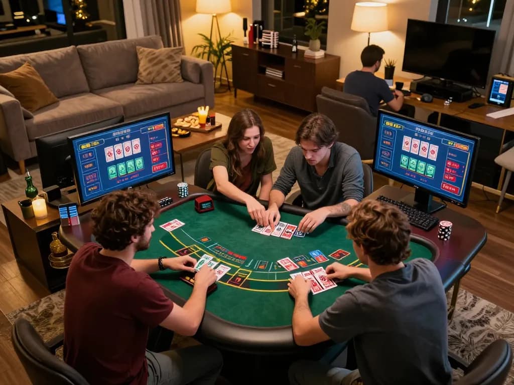 Playing blackjack at home on 11Win with friends, showcasing strategic betting and excitement.