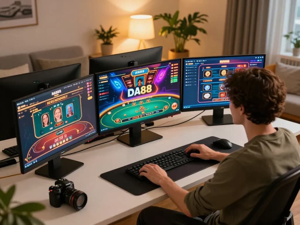 Engaging in online casino gaming with DA88 logo on screen, showcasing modern home setup for responsible entertainment.