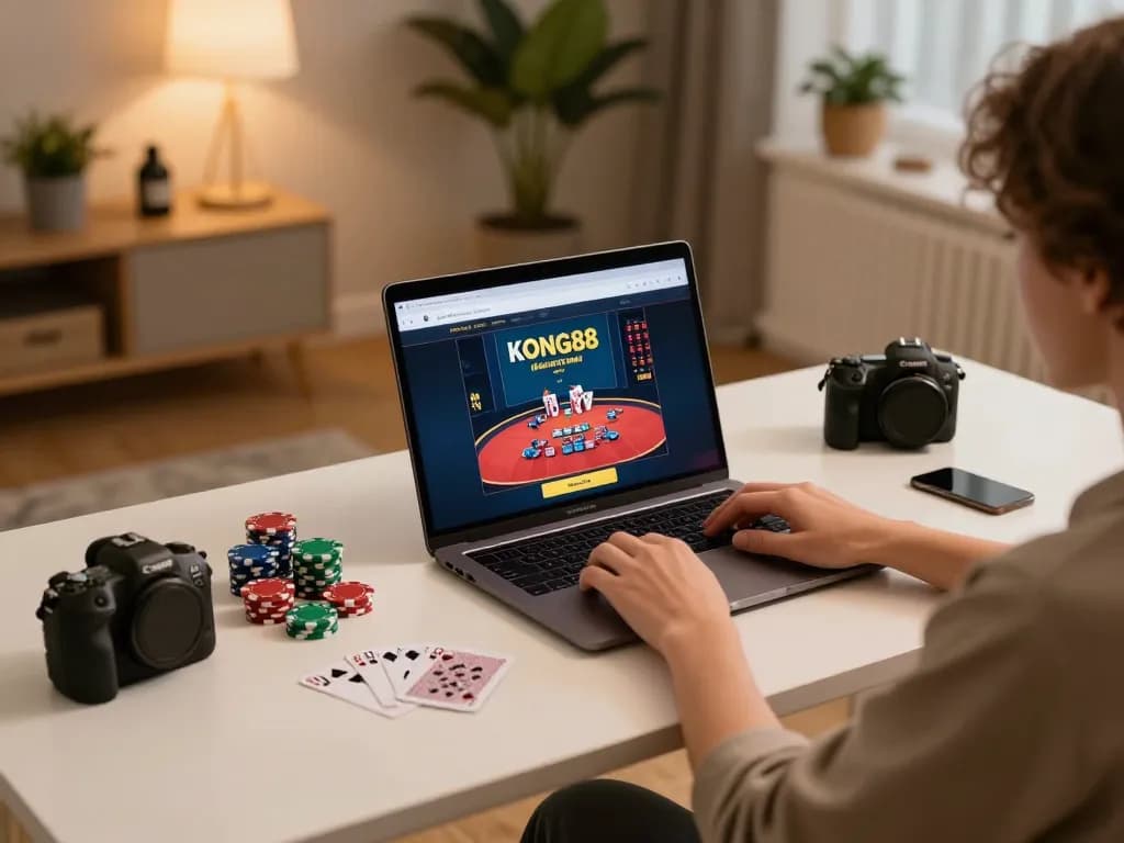 KONG88 user engaging with online casino gaming on laptop in a cozy home setting