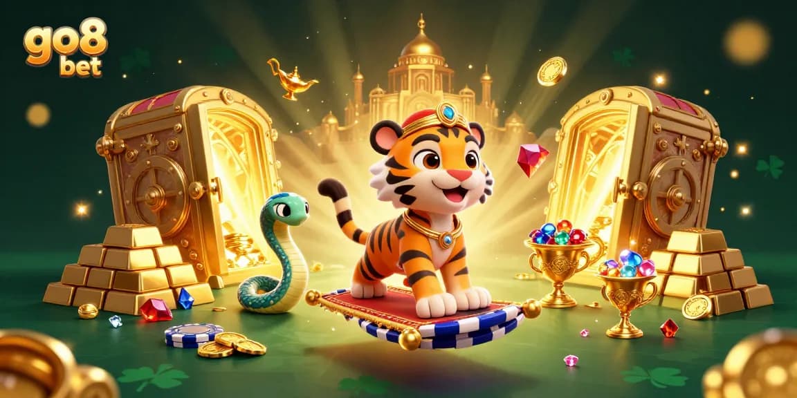Experience the excitement of go8 bet with this vibrant 3D casino illustration full of treasures and gold.