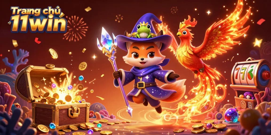 Engage with the exciting world of Trang chủ 11win, showcasing a vibrant casino scene filled with animated characters and slot elements.