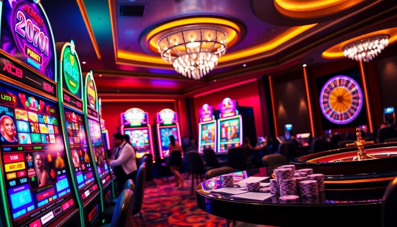 Experience thrilling slot deposit pulsa gameplay with vibrant machines and excited players.