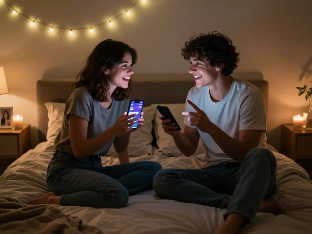 Engaging in intimate sexting AI interactions in a cozy bedroom environment, showcasing playful conversations.