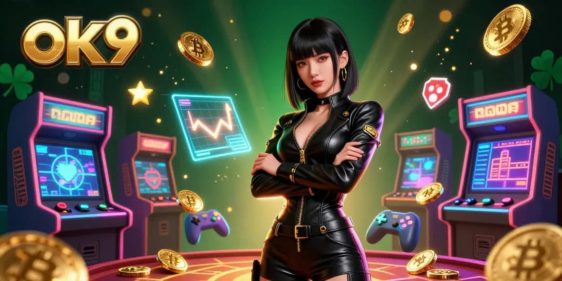 Engage with ok9 in a vibrant casino scene featuring an Asian woman surrounded by Bitcoin coins and arcade games.