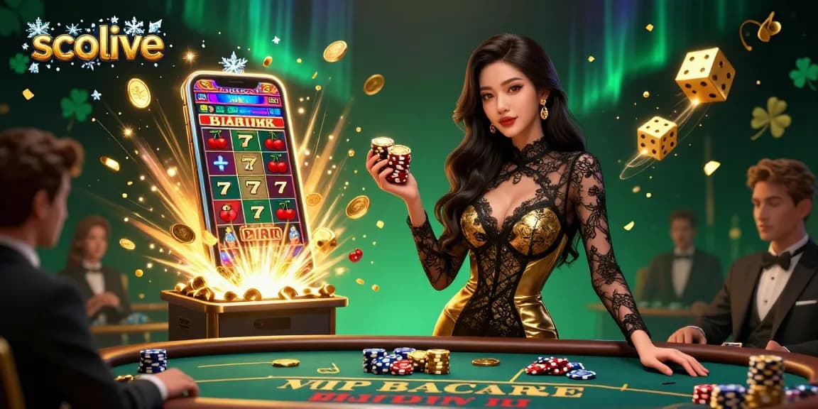 Socolive showcases a luxurious gambling scene with a glamorous Asian woman at a baccarat table, surrounded by casino elements.