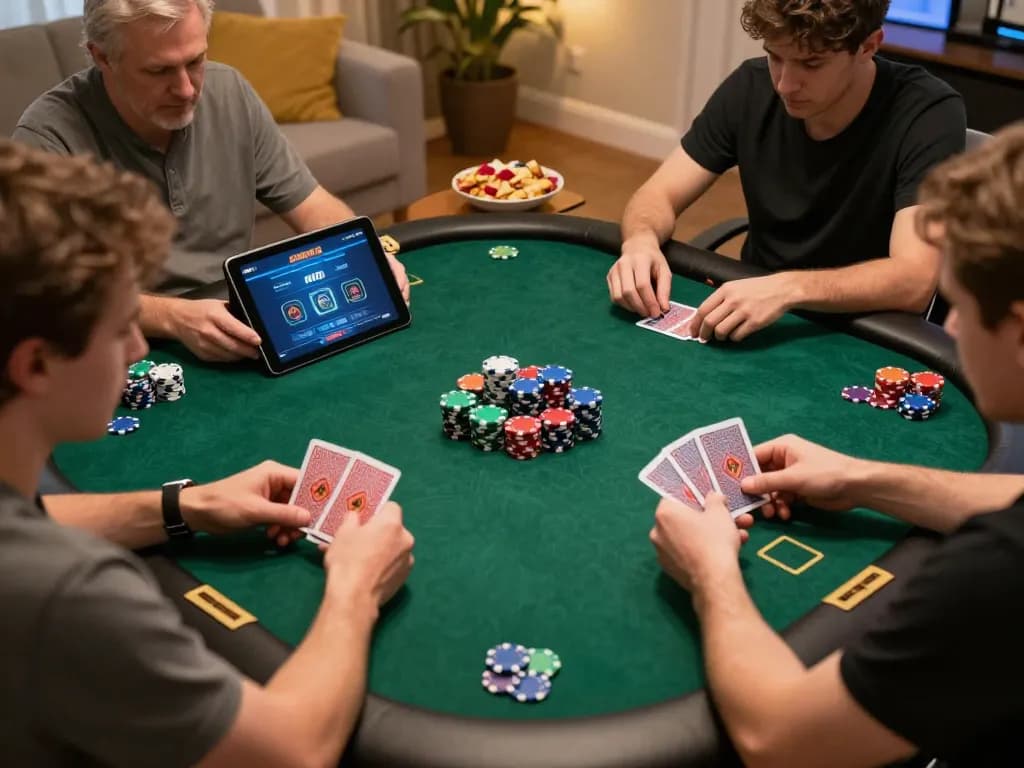 Players engaging with the aa88 casino app during a home poker game, showcasing strategic gameplay.