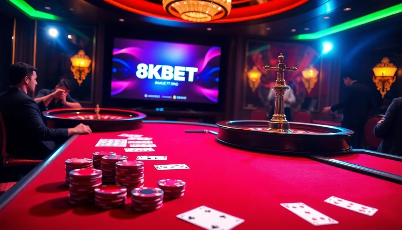 Excited players engaging in high-stakes poker at 8KBET, showcasing luxury casino ambiance.