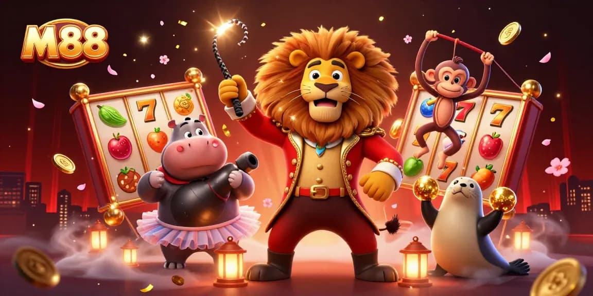 M 88 showcases thrilling action with a vibrant circus scene featuring joyful characters and casino elements.