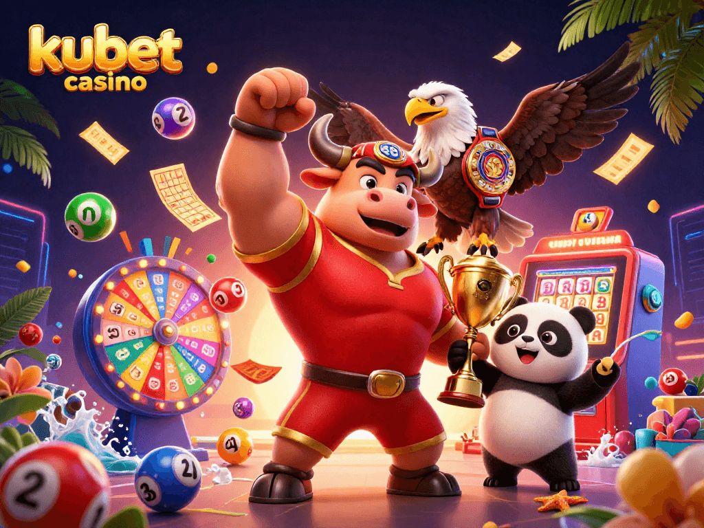 Experience the excitement at kubet casino with vibrant visuals of a bull mascot and winning elements.