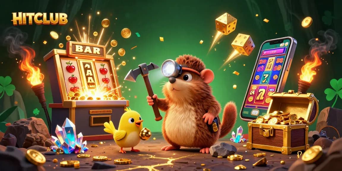Engaging HITCLUB casino scene with treasure hunter mole and jackpots exploding around.