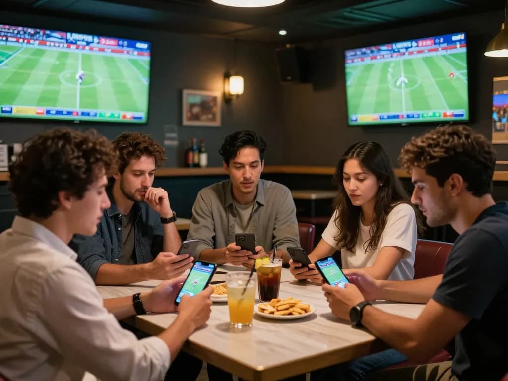 Pengalaman taruhan olahraga SBOBET dengan teman yang menikmati pertandingan langsung dan berinteraksi dengan aplikasi taruhan di bar olahraga yang semarak.