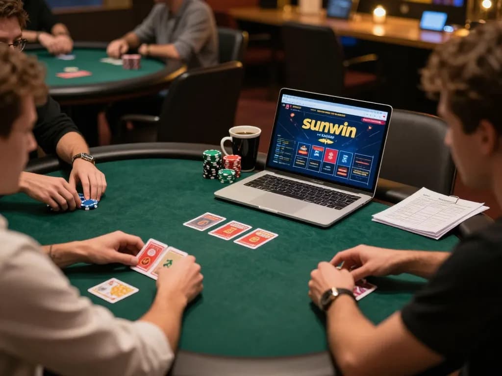Online poker players engaged in a sunwin game session with chips and cards visible.