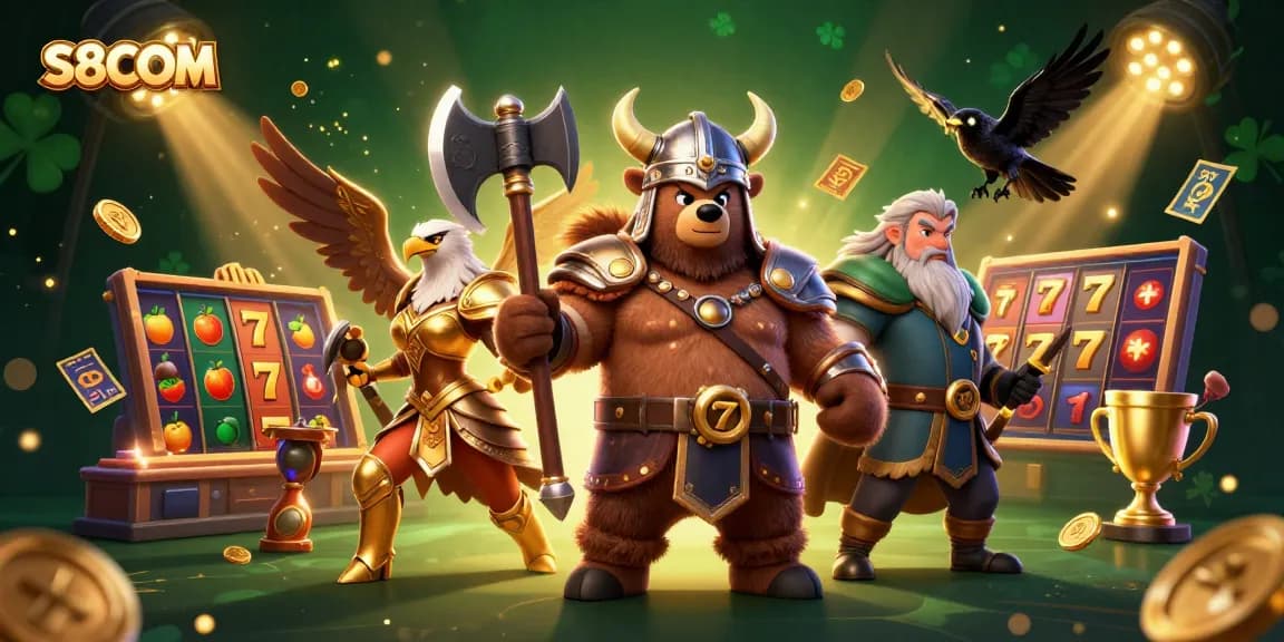 S8COM showcases thrilling slot games with a Viking berserker, Valkyrie, and golden slot elements in action.