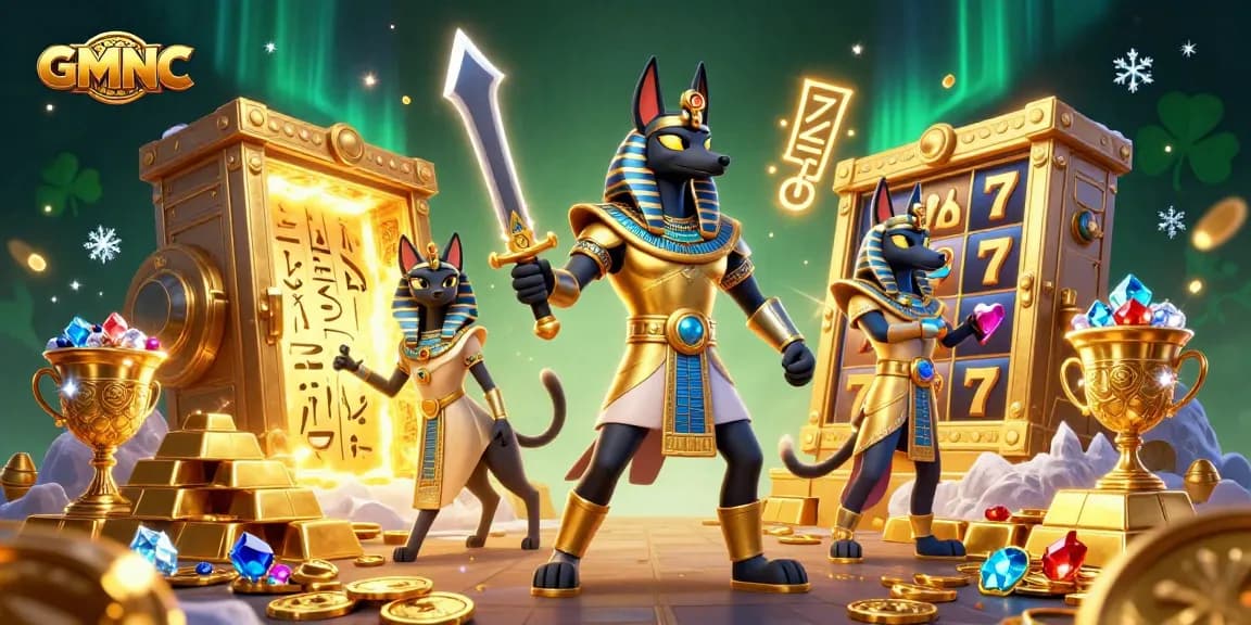 Experience GMNC's vibrant online casino scene featuring Anubis and Bastet amidst a treasure-filled adventure.