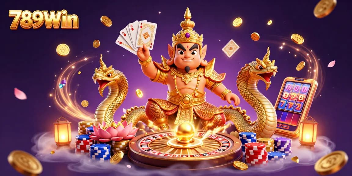 Win big with 789Win in this vibrant, dynamic casino gaming scene featuring iconic characters and rich elements.