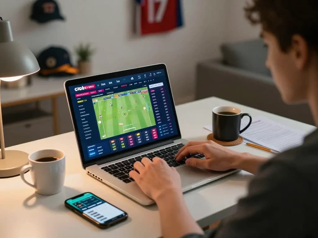 Engaging in live cricket betting on Crickex platform from home desk with warm ambiance.
