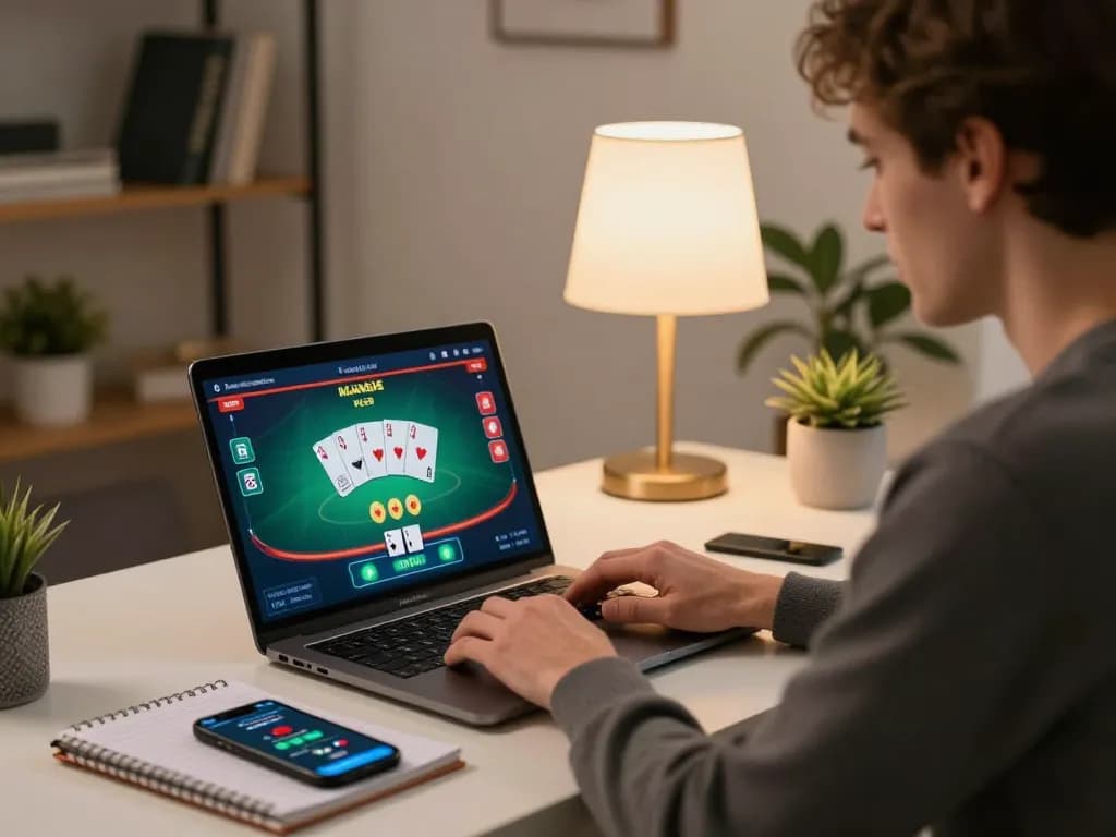 Player engaged in a live poker game on fabet's platform, showcasing strategic gameplay in a stylish home setup.