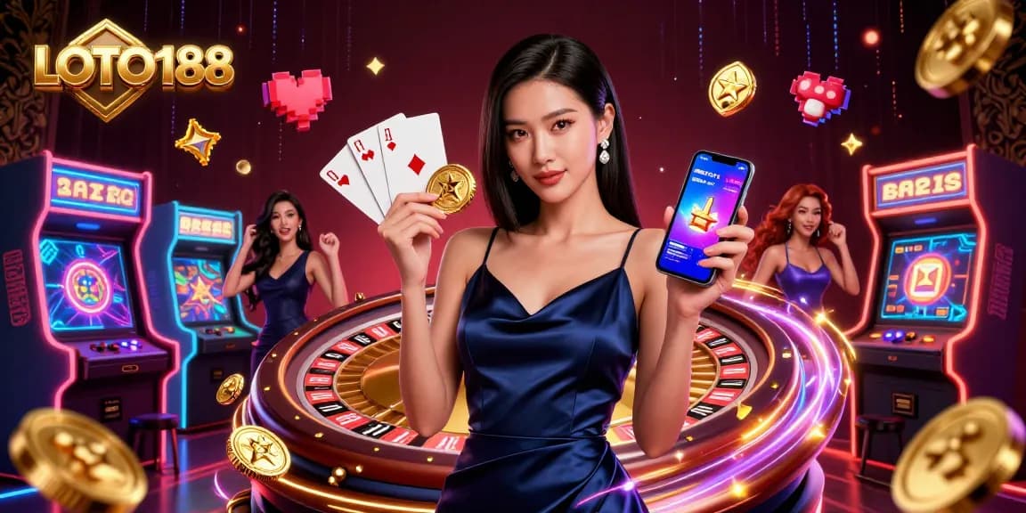 LOTO188 features an Asian woman showcasing casino excitement, holding a chip and app, surrounded by game elements.