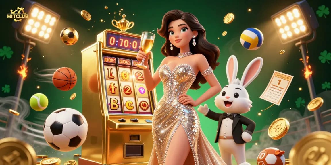Engage with HITCLUB's dazzling 3D scene showcasing a lavish woman celebrating amidst golden jackpot elements and dynamic sports balls.