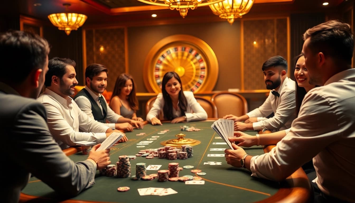 Experience the thrill of 789win while playing poker at an elegant casino table surrounded by gold and red tones.