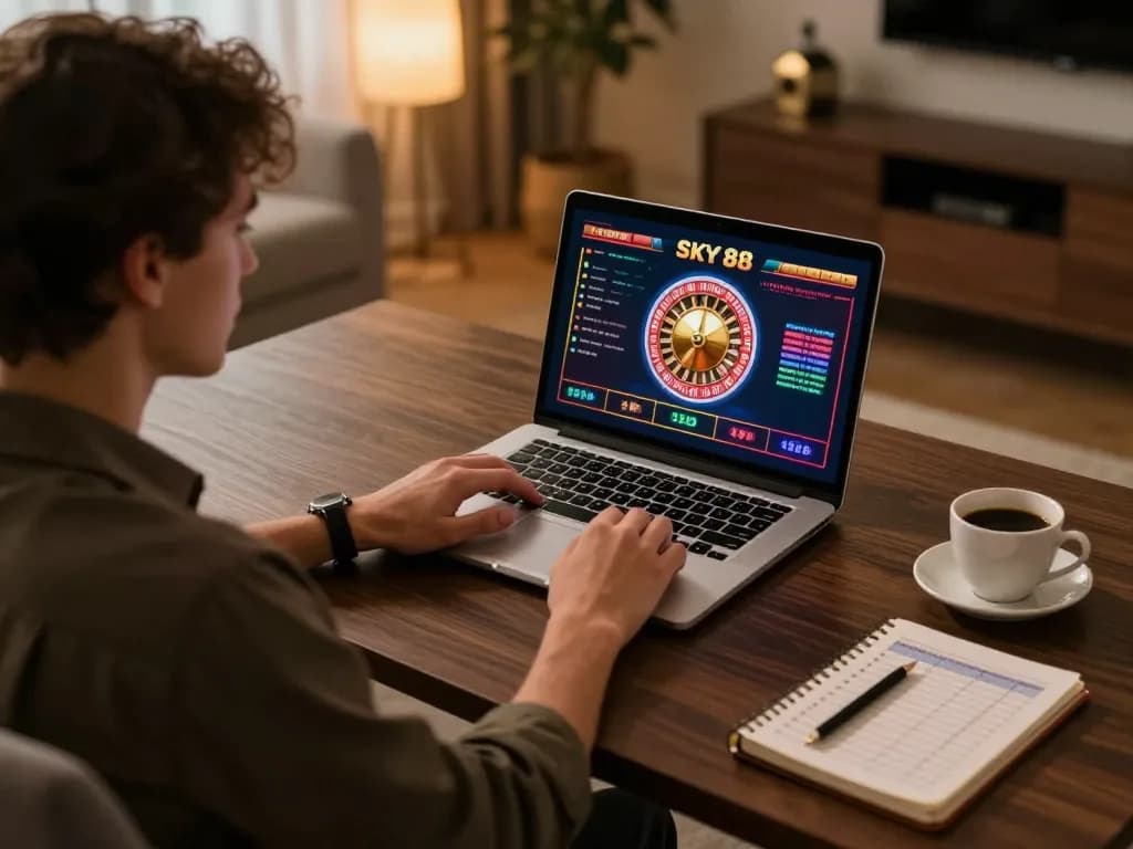 Person immersing in online gaming experience on SKY 88 platform at home with stylish desk setup
