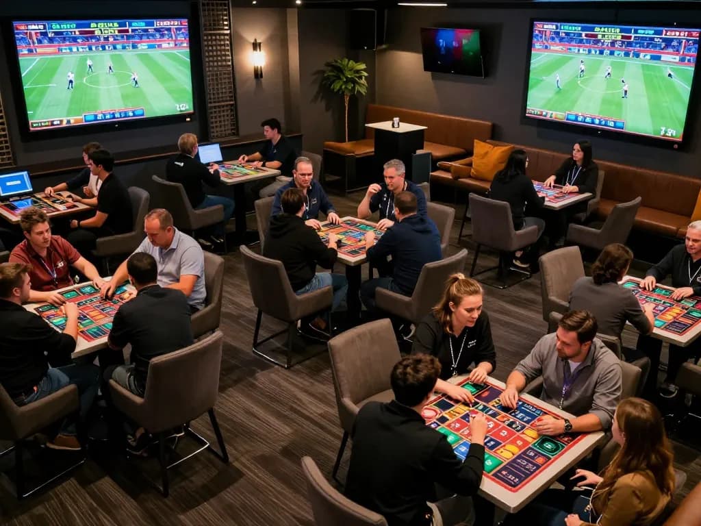 88vv lừa dảo bettors excitedly placing bets in a lively sports betting lounge