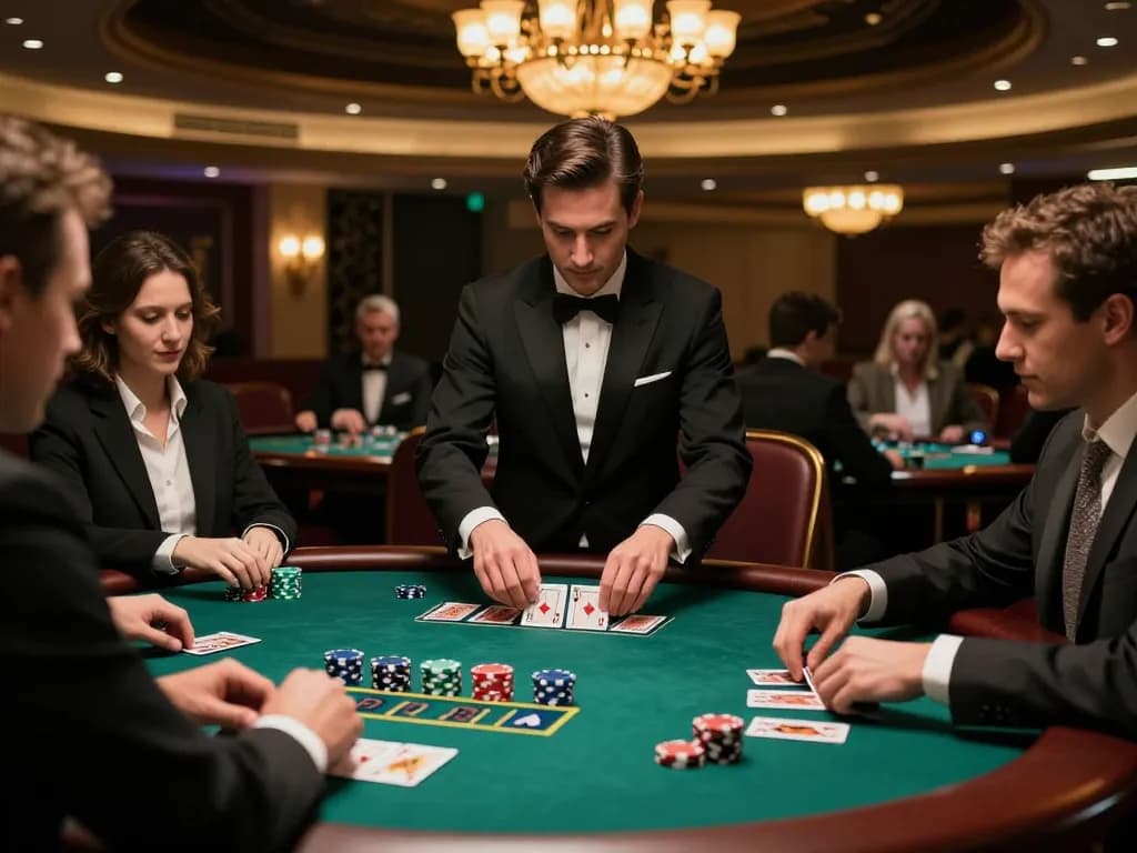 UU88 blackjack table with dealer shuffling cards, players engaged in high-stakes action.