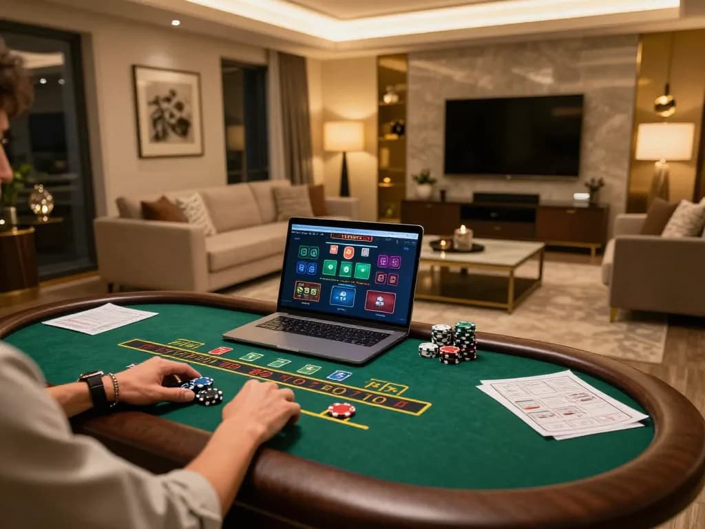 Engaging in live dealer blackjack at trang chủ 88XX, showcasing a modern online gambling experience in a cozy home setup