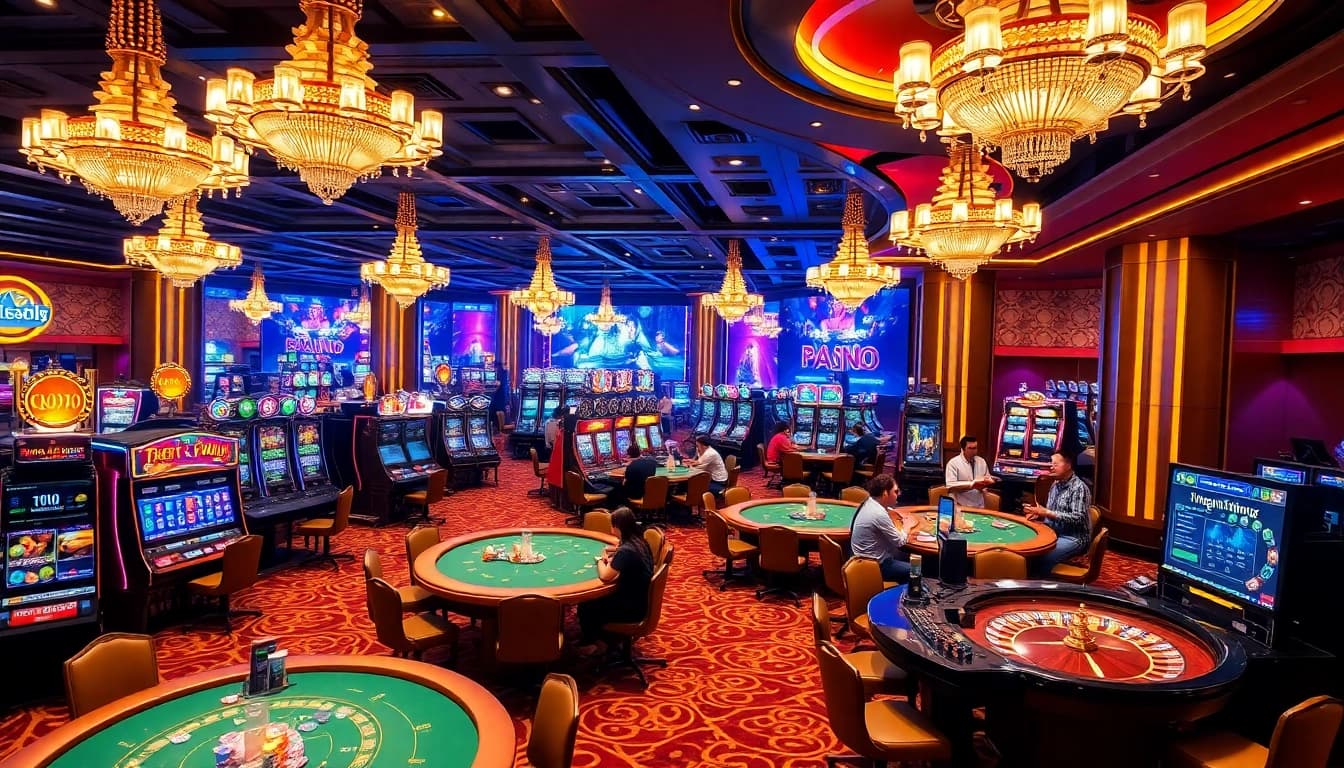Players engaging in exciting casino games at KM88, showcasing vibrant slot machines and roulette tables.
