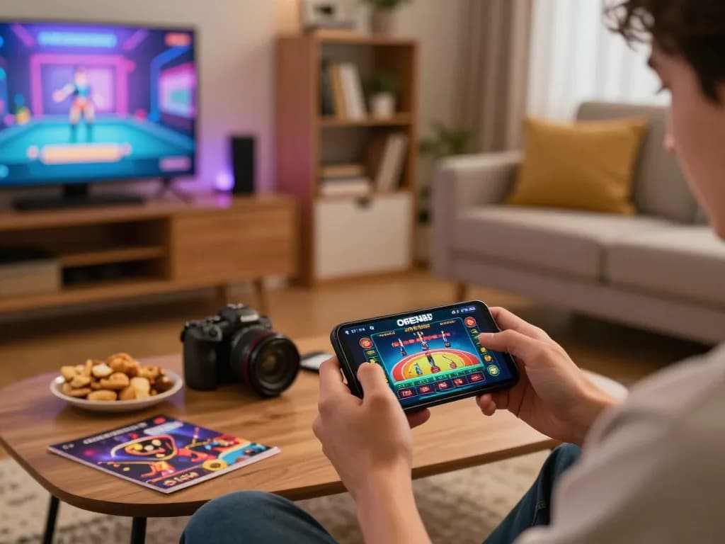 Explore gaming strategies while playing OPEN88 on a mobile app in a cozy home setting.