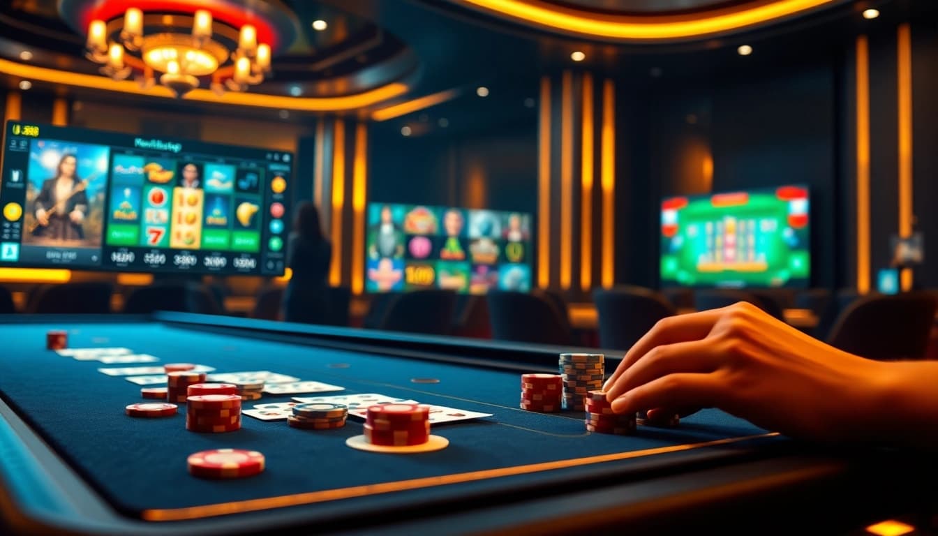 Players enjoying online gambling at UU88, featuring poker chips and casino elements.