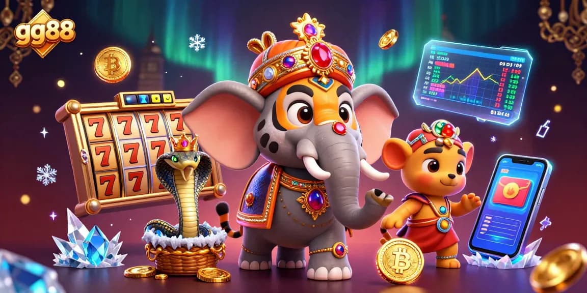 Experience gaming excitement with gg88 as a cartoon maharaja rides an elephant amidst vibrant slots