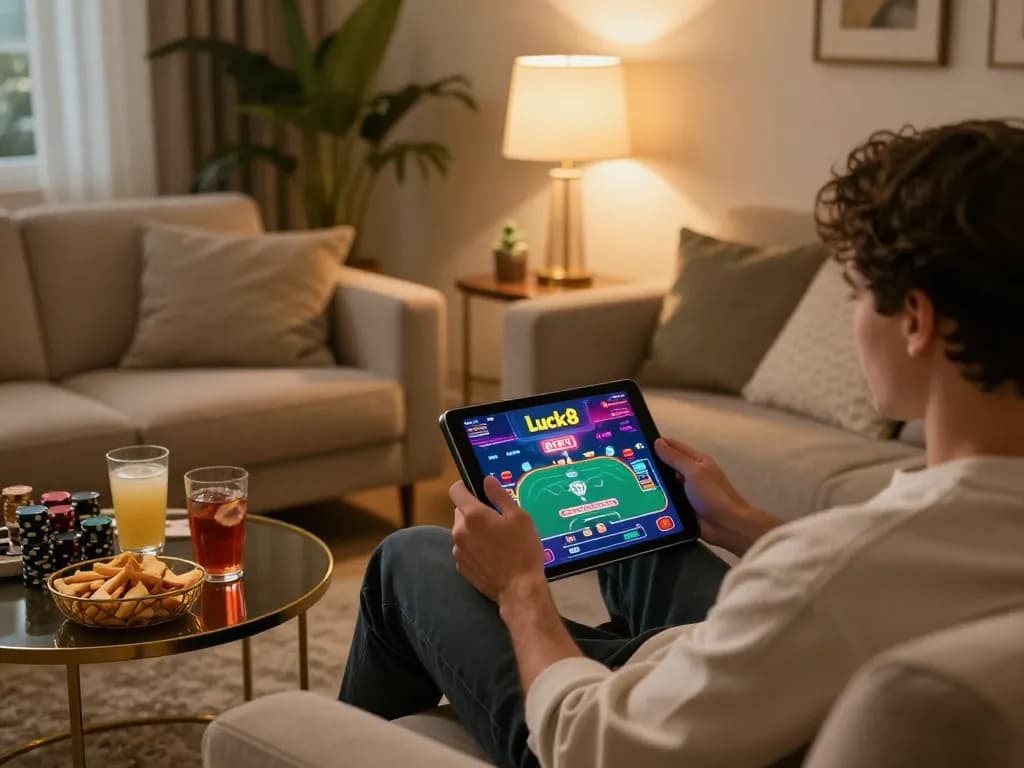 LUCK8 player engaged in exciting online gambling with a tablet in a cozy living room setup.