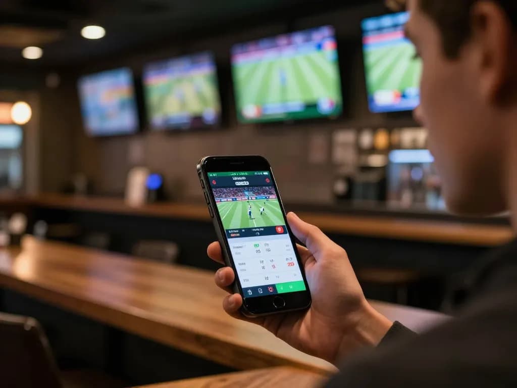 Bsport user engaging with live sports betting app, capturing real-time odds excitement in a vibrant sports bar