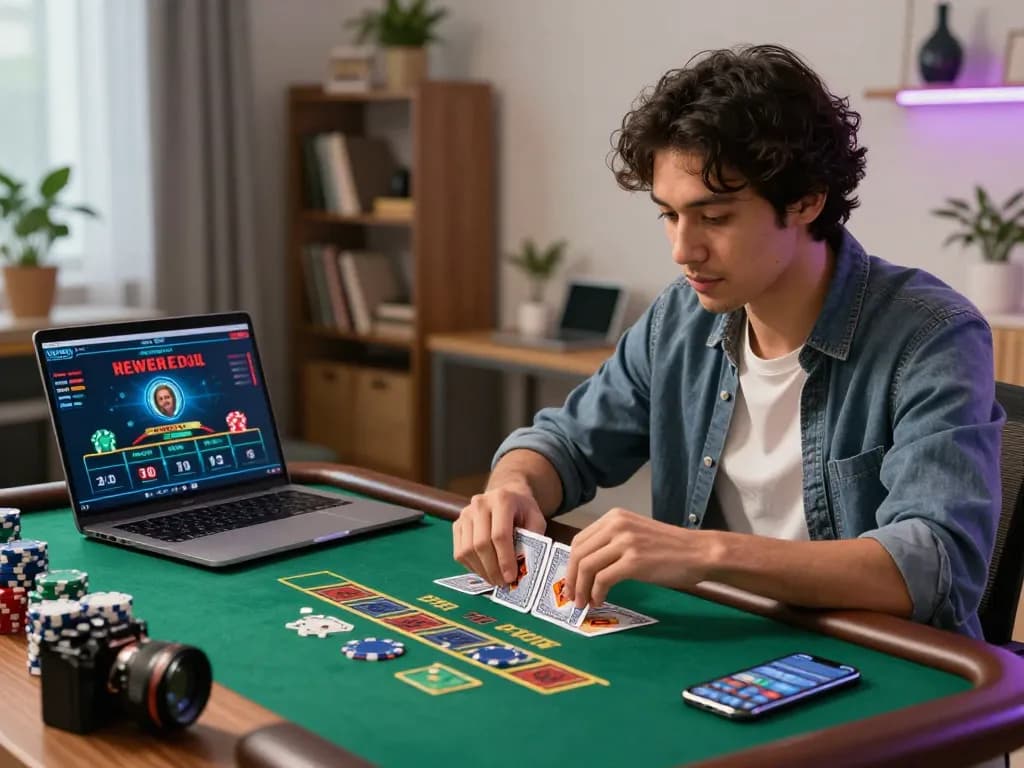 Player engaging in strategic gameplay on LC88 online casino with laptop and betting app.