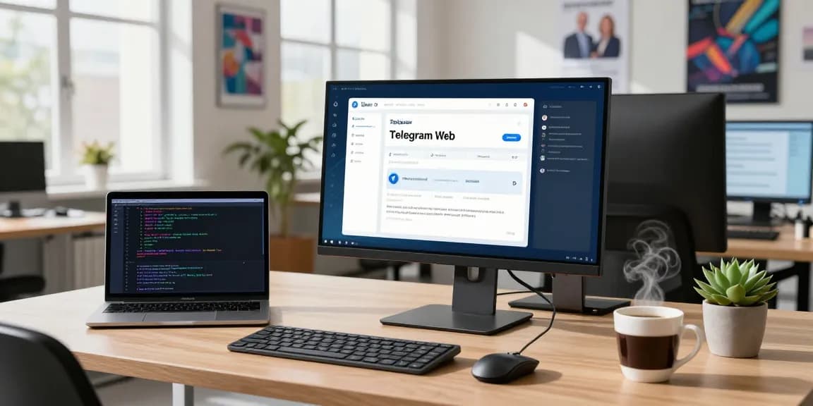 Using Telegram Web Version on high-resolution monitor in a modern workspace with coffee and tech decor.