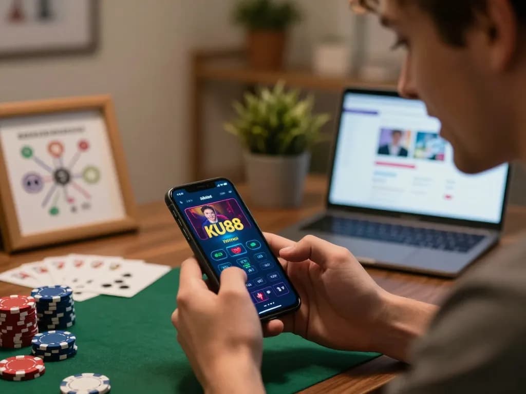 Gambler engaging with KU88 casino app on smartphone at home, focusing on strategic online betting.