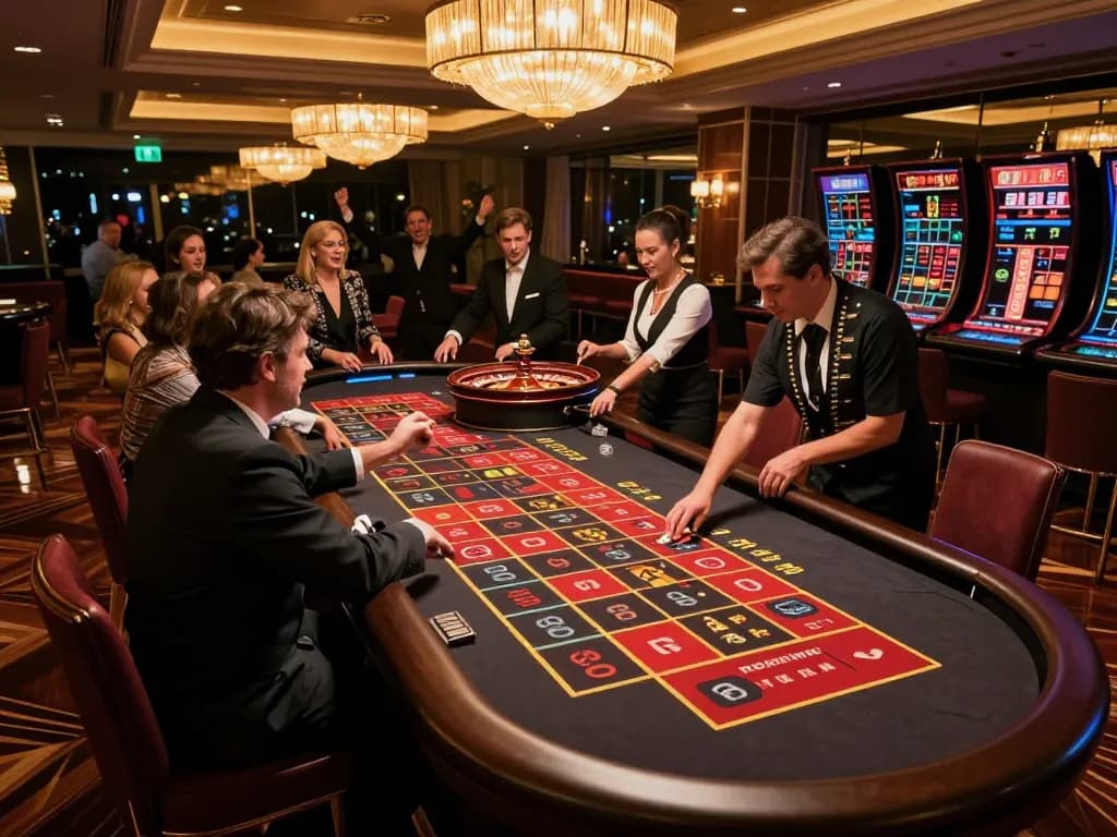 GO8 players are strategically placing bets at a luxurious roulette table in an upscale casino