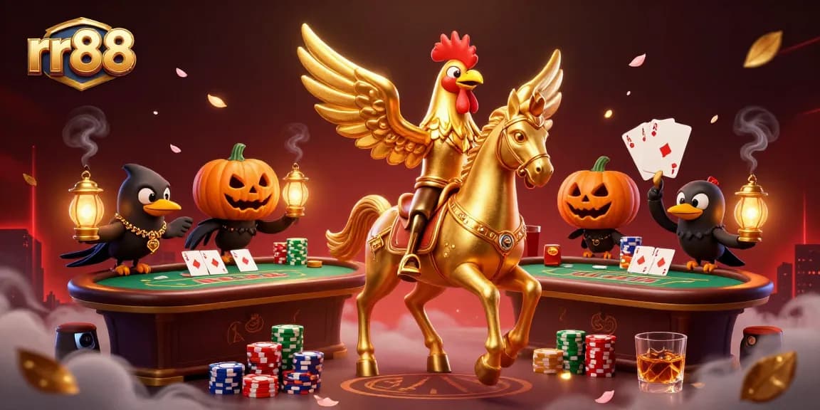 Experience the thrill of rr88 with a golden rooster and spectral horse in a vibrant casino scene.